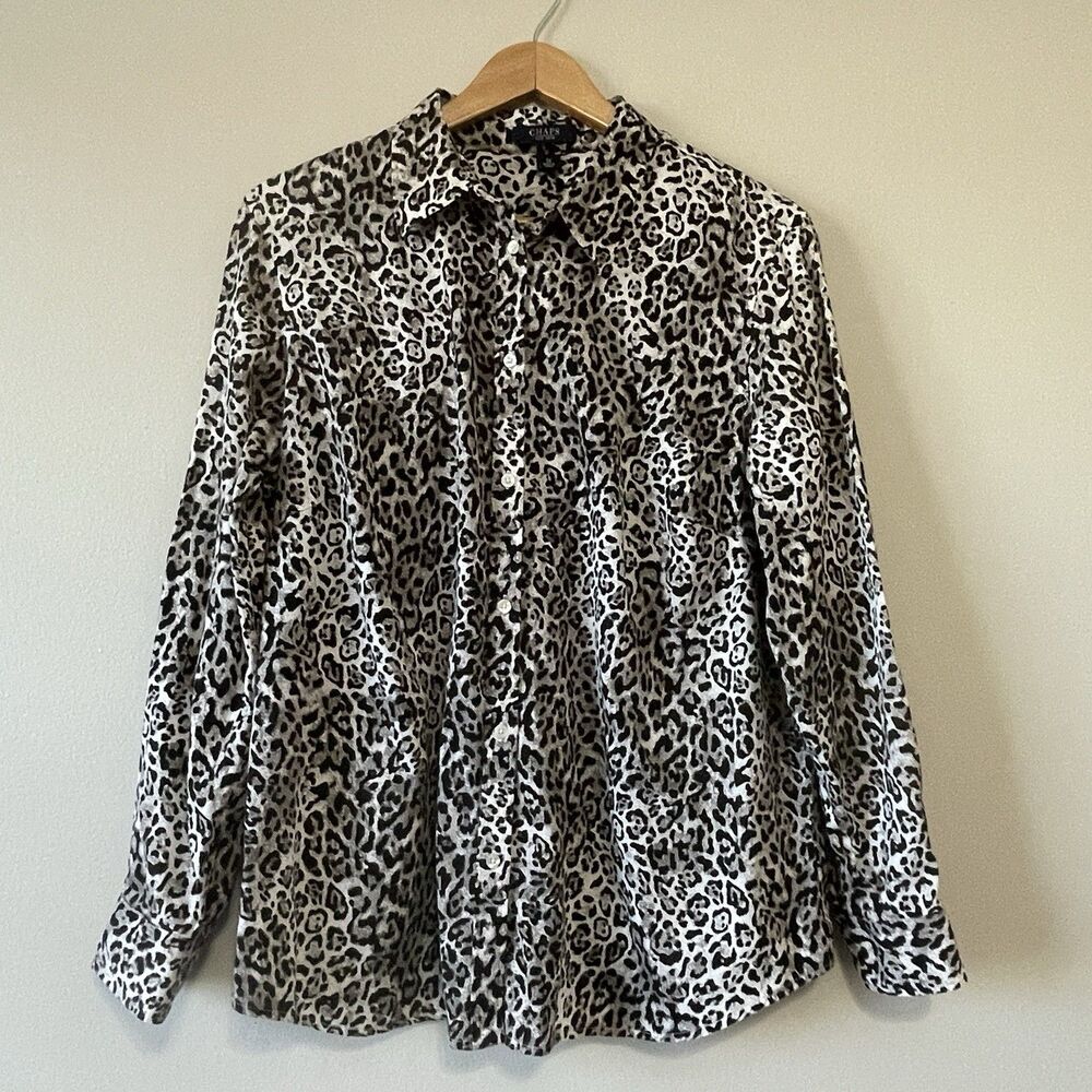 Chaps Women's  1X Animal Print Button Down 100% Cotton Black Leopard Office